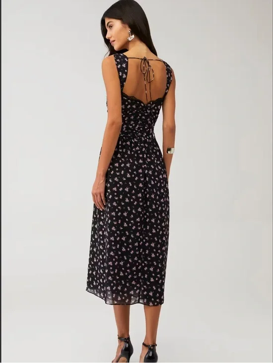 FOR LOVE & LEMONS
NOA MIDI DRESS Black and Floral Size L - Picture 2 of 9